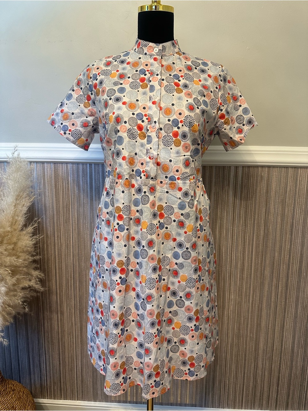 sm Wardrobe Cotton Shirt Dress M Geometric Button Front Lined Retro Mod